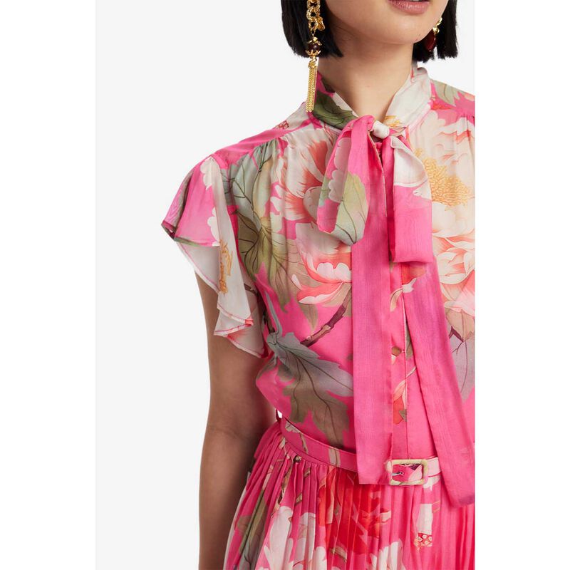 LEO LIN Grace Flutter Sleeve Midi Dress - Peony Print In Fuchsia image number 3